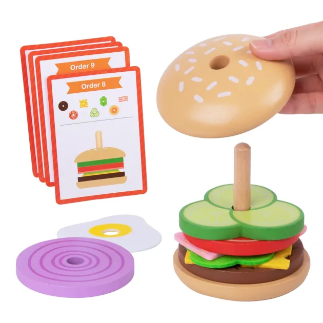 montessori toy, montessori wooden toys, burger stacking toy, educational toy